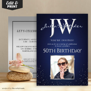 Custom Initials Elegant 50th Birthday Blue Silver  Invitation