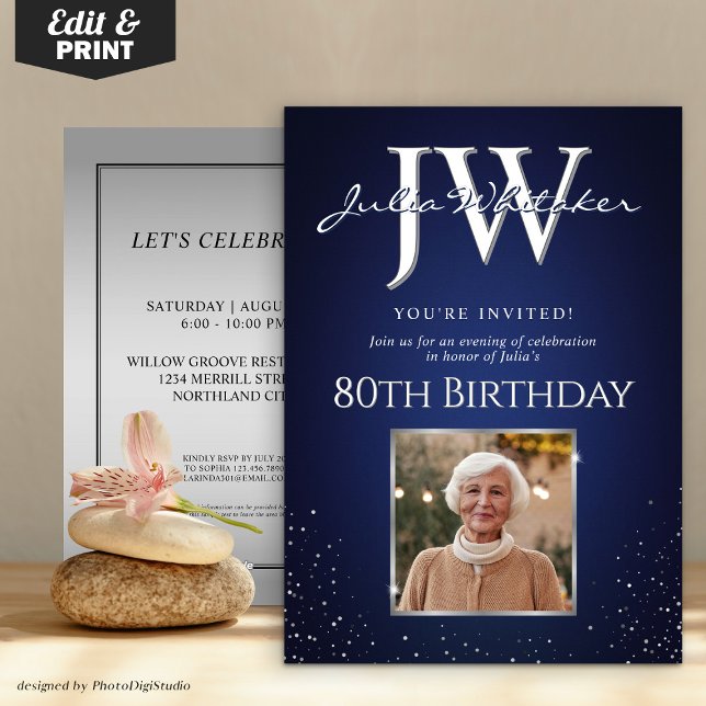Custom Initials Elegant Blue Silver 80th Birthday Invitation (Custom Initials Elegant Blue Silver 80th Birthday Invitation)