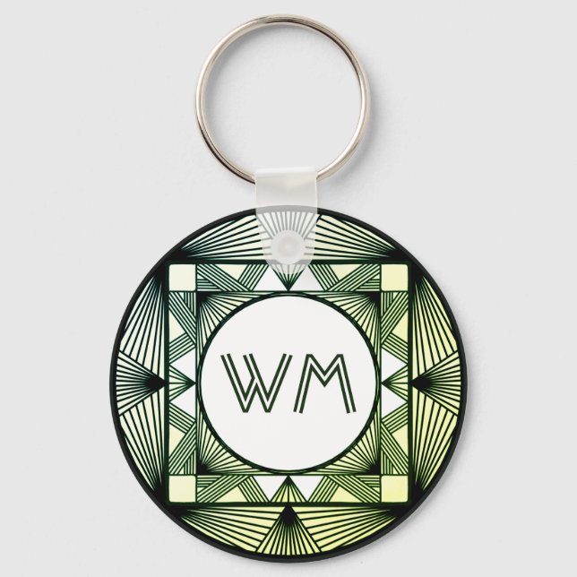 Custom Initials Elegant Manly Green Chic Art Deco Keychain (Front)