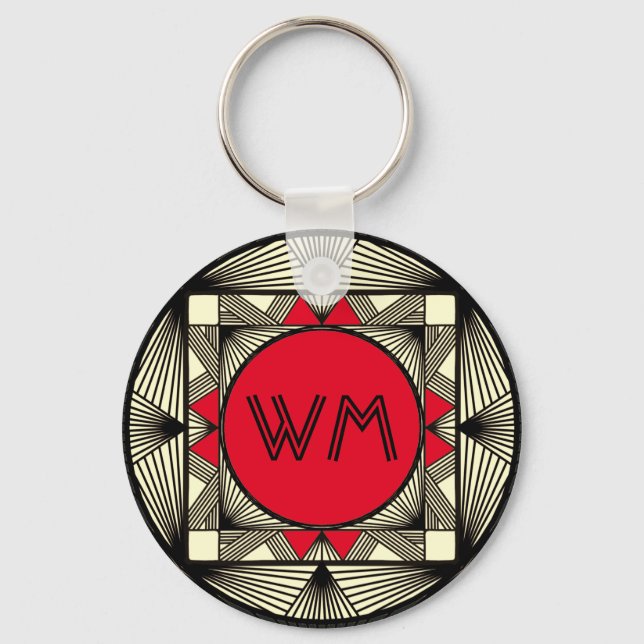 Custom Initials Elegant Manly Red Chic Art Deco Keychain (Front)