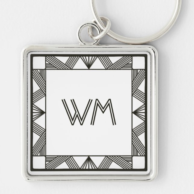 Custom Initials Elegant Modern Black Chic Art Deco Keychain (Front)