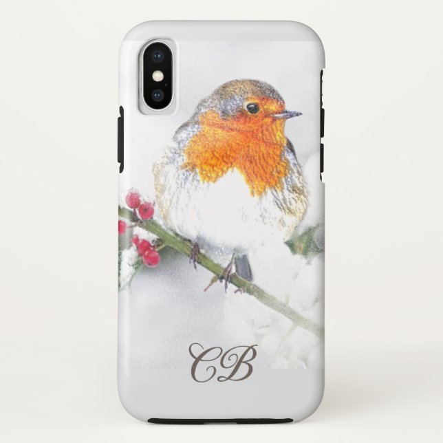 Custom Initials English Robin Bird Winter Berries Case-Mate iPhone Case (Back)