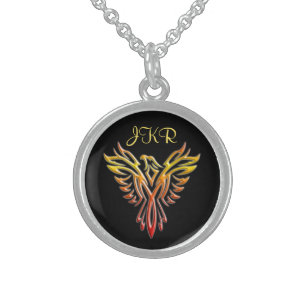 Custom initials - Flame Phoenix Rising on Black Sterling Silver Necklace