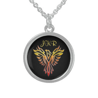 Custom initials - Flame Phoenix Rising on Black Sterling Silver Necklace