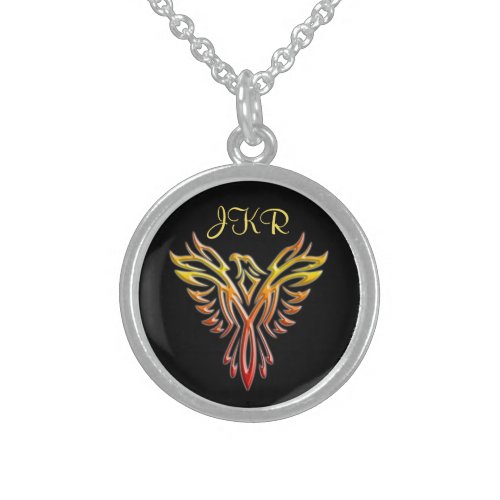 Custom initials _ Flame Phoenix Rising on Black Sterling Silver Necklace