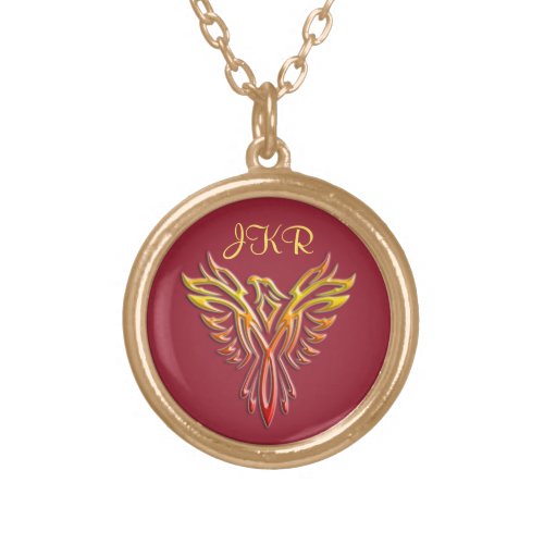 Custom initials _ Flame Phoenix Rising on Maroon Gold Plated Necklace