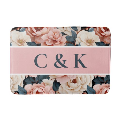 Custom Initials Floral Pink Blue Flowers Pattens Bath Mat