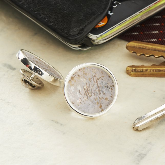 custom initials Gold Cowhide Print Metallic Lapel Pin (In Situ)