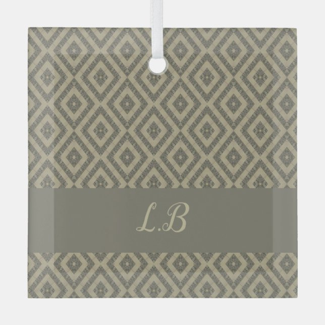 Custom initials gray brown pave bricks pattern glass ornament (Front)