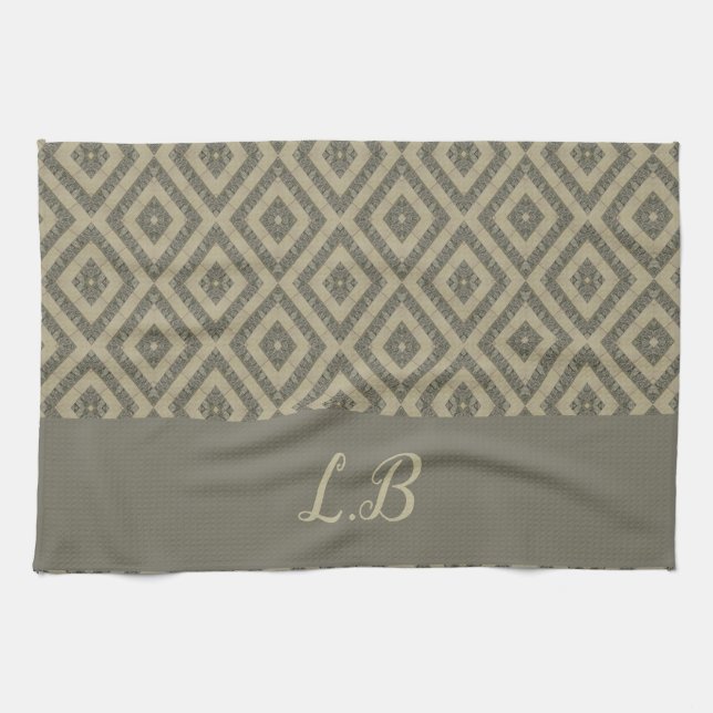 Custom initials gray brown pave bricks pattern kitchen towel (Horizontal)
