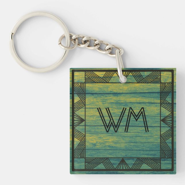 Custom Initials Green Wood Modern Rustic Farmhouse Keychain (Front)