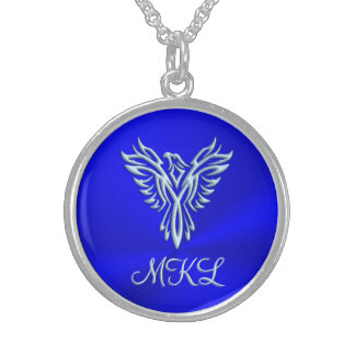 Custom initials, Ice-blue Phoenix Rising emblem Sterling Silver Necklace