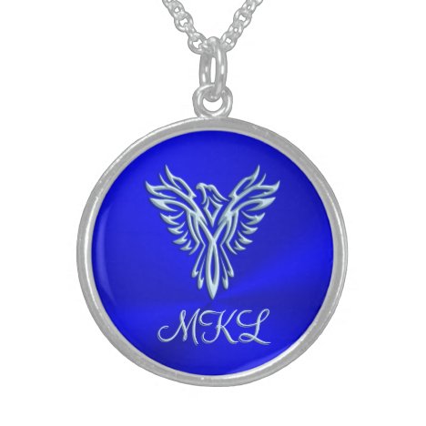 Custom initials, Ice-blue Phoenix Rising emblem Sterling Silver Necklace