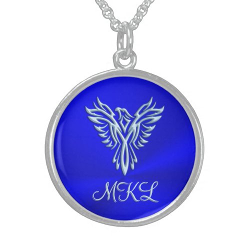 Custom initials Ice_blue Phoenix Rising emblem Sterling Silver Necklace