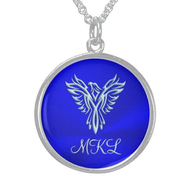 Custom initials, Ice-blue Phoenix Rising emblem Sterling Silver Necklace (Front)
