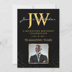Custom Initials Invite, Black Gold Photo Birthday Invitation