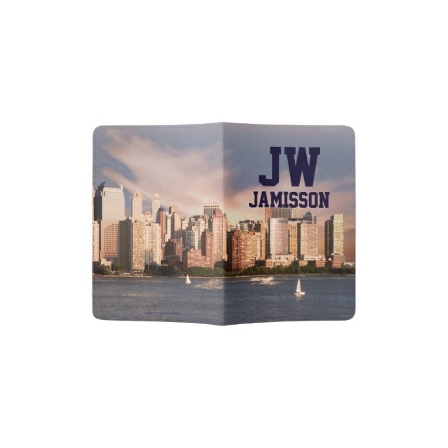 Custom Initials Monogram Manhattan NYC Skyline Passport Holder (Opened)