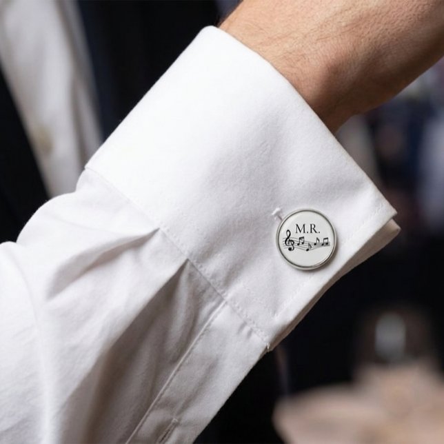 Custom Initials Music Notes Monogram Silver Cufflinks (Creator Uploaded)