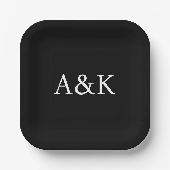 Custom Initials on Black Wedding Paper Plates (Front)
