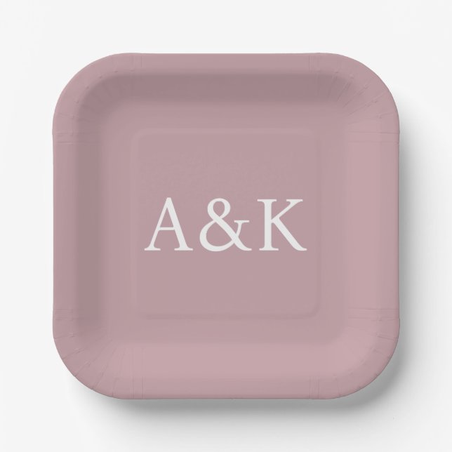 Custom Initials on Dusty Rose Mauve Wedding Paper Plates (Front)