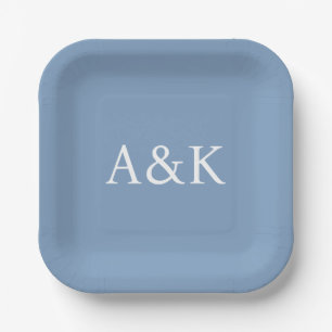 Custom Initials on Dusty Slate Blue Wedding Paper Plates