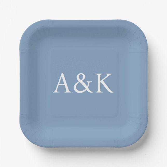 Custom Initials on Dusty Slate Blue Wedding Paper Plates (Front)