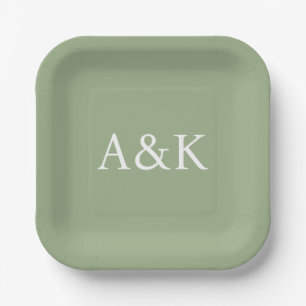 Custom Initials on Sage Green Wedding Paper Plates