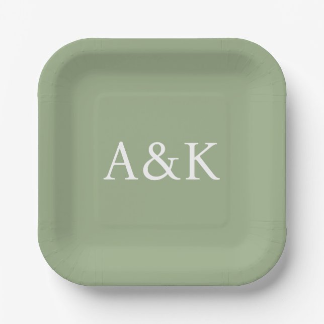 Custom Initials on Sage Green Wedding Paper Plates (Front)