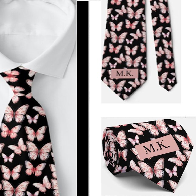 Custom Initials Pink Butterflies on Black Neck Tie (Creator Uploaded)
