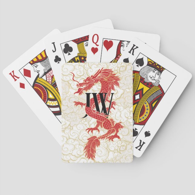 Custom Initials Playing Cards, Red Gold Dragon  Poker Cards (Back)