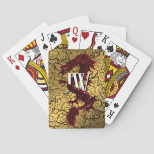 Custom Initials Playing Cards, Red Gold Dragon Poker Cards