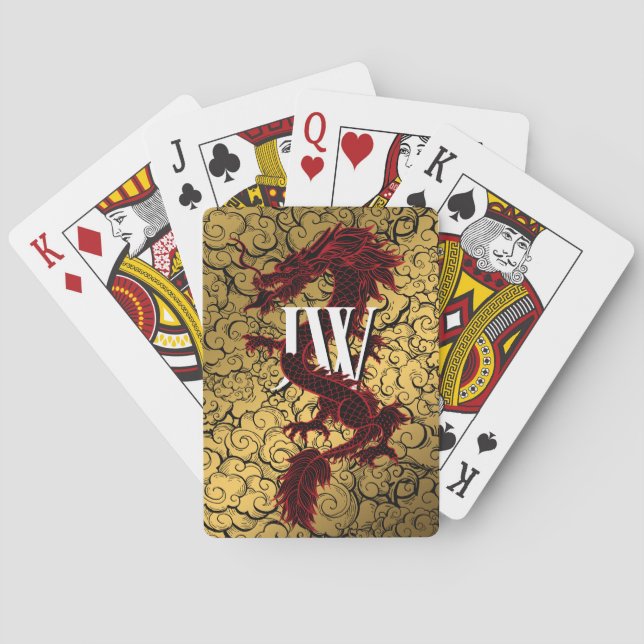 Custom Initials Playing Cards, Red Gold Dragon Poker Cards (Back)