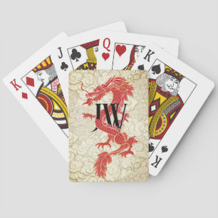 Custom Initials Playing Cards, Red Gold Dragon Poker Cards