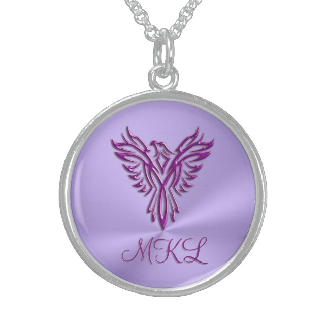 Custom initials - Purple Phoenix Rising on Lilac Sterling Silver Necklace (Front)