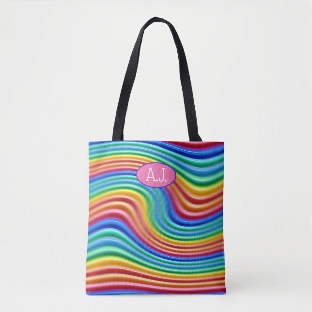 Custom initials Rainbow Pride Tote Bag. (Front)
