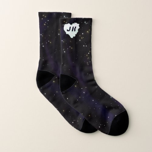 CUSTOM Initials Starry Outer Space and heart cloud Socks