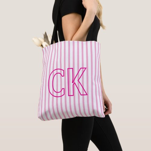 Custom Initials Striped Bridesmaid Summer Travel Tote Bag
