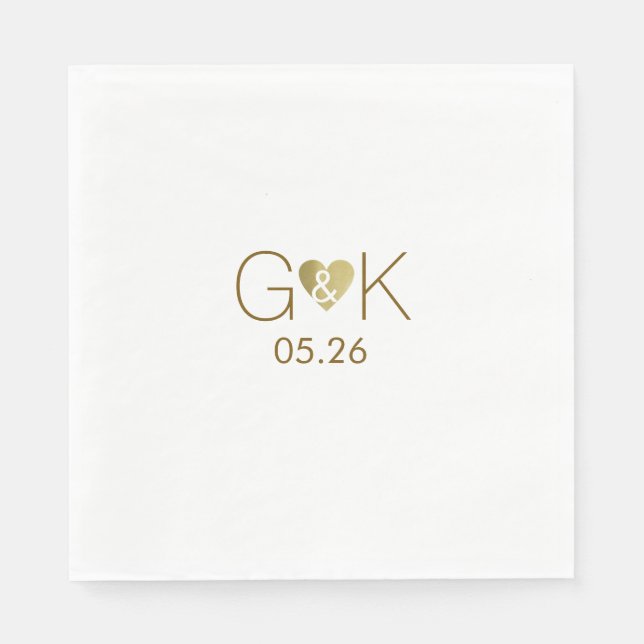 Custom initials with faux gold love heart, wedding napkins (Front)