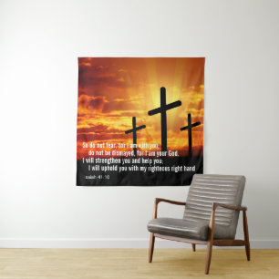 Custom Inspirational Bible Verse Cross Sunset Tapestry