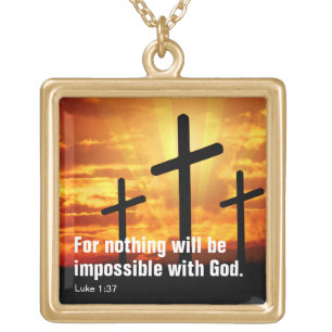 Custom Inspirational Bible Verse From Luke 1:37 Gold Plated Necklace
