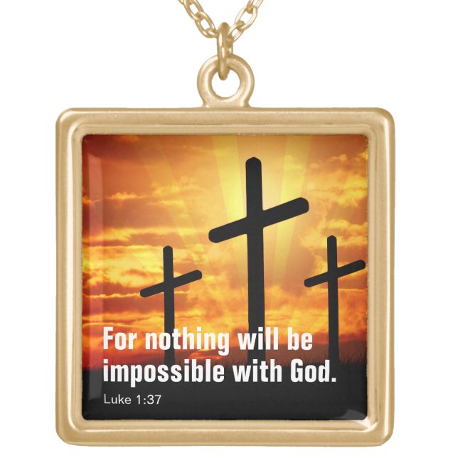 Custom Inspirational Bible Verse From Luke 1:37 Gold Plated Necklace (Front)