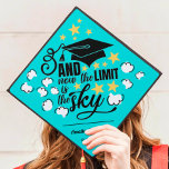 Custom inspirational personalized name year graduation cap topper<br><div class="desc">Celebrate your big day with this inspirational typography light blue cap topper featuring a motivational quote that reads "And now the limit is the sky" decorated with little white clouds and golden stars and with a black graduation cap with tassel. Easily customize this topper with your name and graduation year....</div>