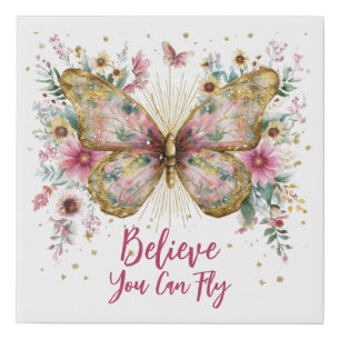 Custom Inspirational Quote Pink Floral Butterfly Faux Canvas Print