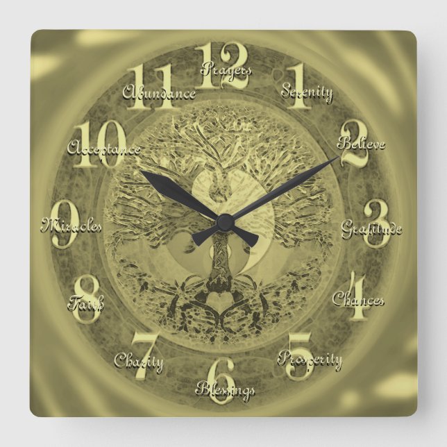 Custom Inspirational Words Tree of Life Square Wall Clock (Front)