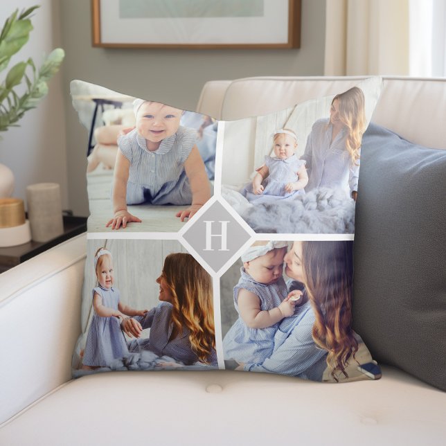 Custom Instagram Photo Collage Family Monogram Throw Pillow (Creator Uploaded)