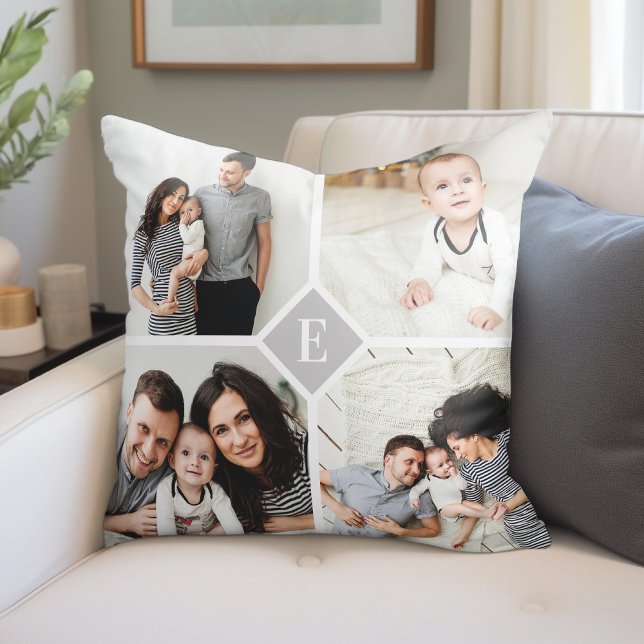Custom Instagram Photo Collage Family Monogram Throw Pillow (Creator Uploaded)