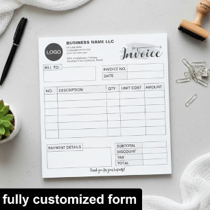 Custom invoice Form with Logo, Gray Small Business Notepad