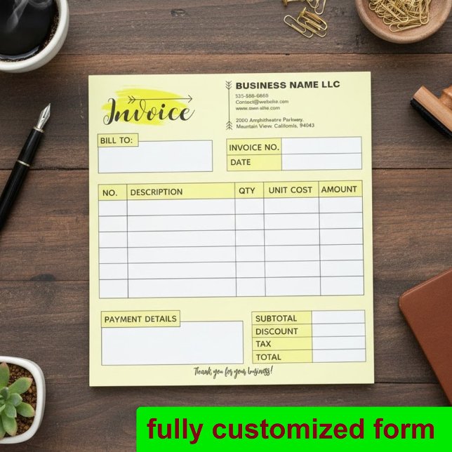 Custom Invoice Receipt, Yellow Small Business Name Notepad (professional sales book, custom business forms, yellow invoice pad)