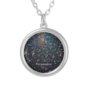 Custom Iridescent Abstract Stained Glass Pattern Silver Plated Necklace