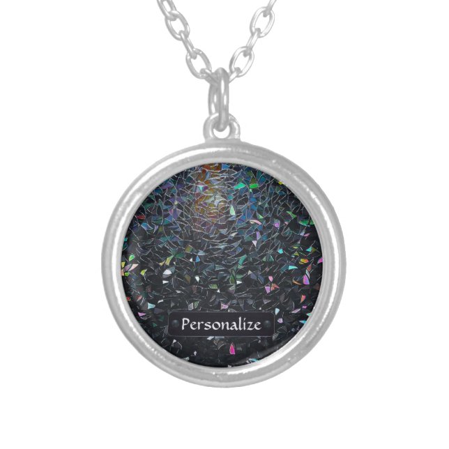 Custom Iridescent Abstract Stained Glass Pattern Silver Plated Necklace (Front)
